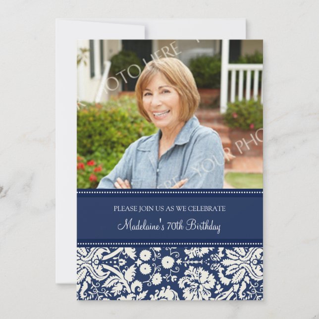 Blue Damask Foto 70. Geburtstagsparty Einladungen (Vorderseite)