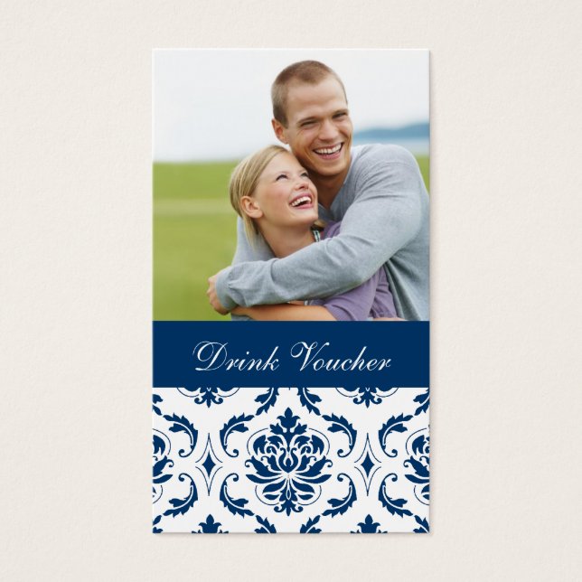 Blue Damask Foto Hochzeitsgetränk Gutschein (Vorderseite)