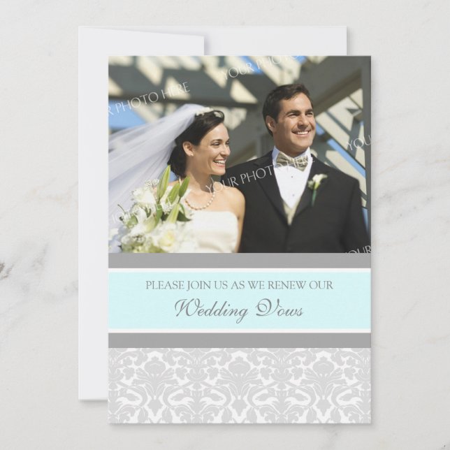 Blue Damask Foto Hochzeitstag Erneuerbare Einladun Einladung (Vorderseite)