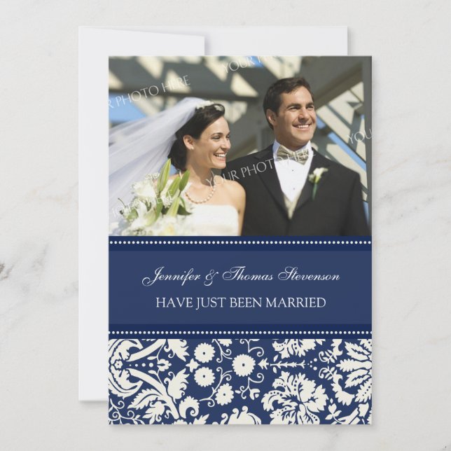 Blue Damask Foto Just Married Anunctions Cards Ankündigung (Vorderseite)