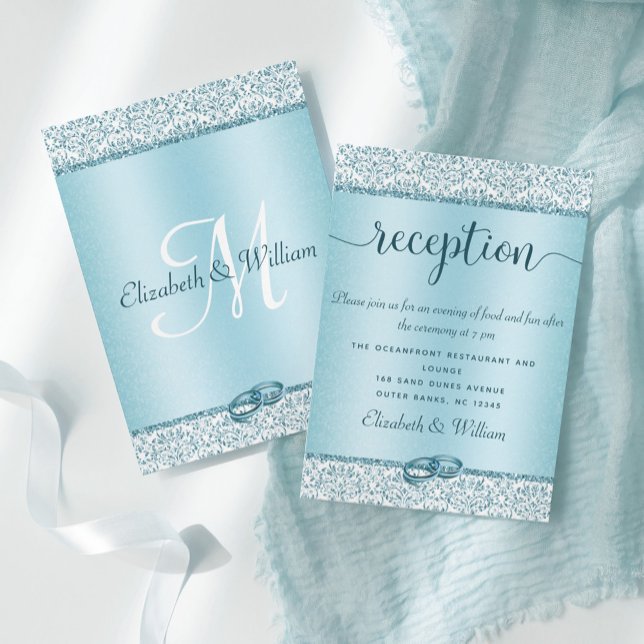 Blue Damask Glitzer Hochzeitsempfang Begleitkarte (Von Creator hochgeladen)