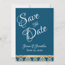 Blue Damask Gold Script Elegante Hochzeit