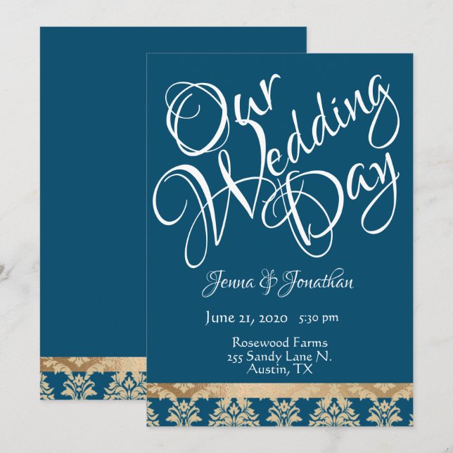Blue Damask Gold Script Elegante Unser Hochzeitsta Einladung (Vorne/Hinten)