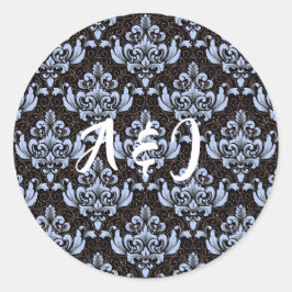 Blue Damask Labels mit Initialen Runder Aufkleber