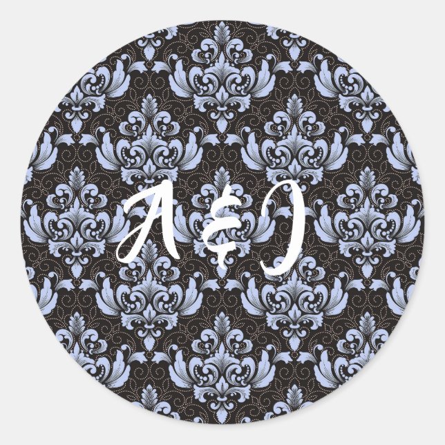 Blue Damask Labels mit Initialen Runder Aufkleber (Vorderseite)