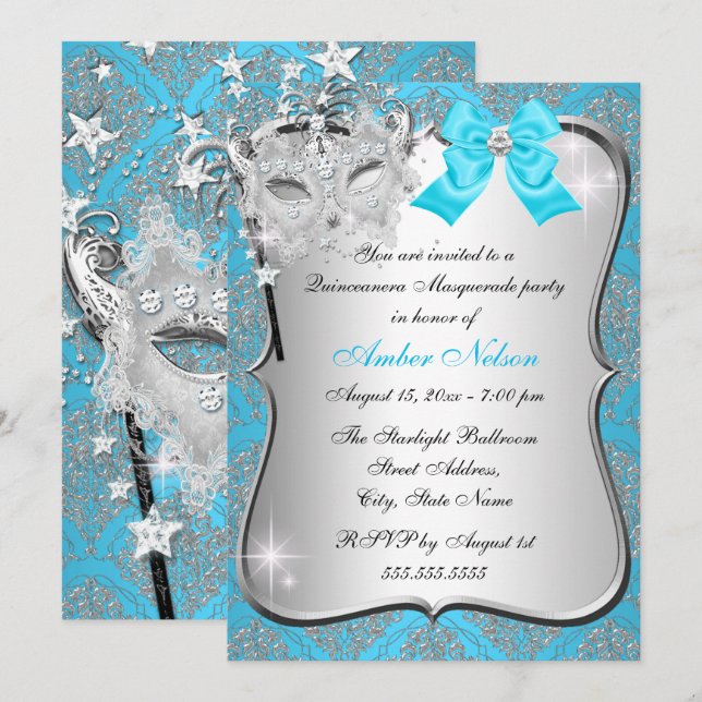 Blue Damask Masquerade einladen Einladung (Vorne/Hinten)