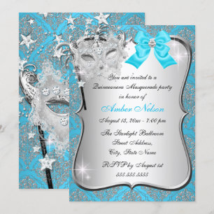 Blue Damask Masquerade einladen Einladung