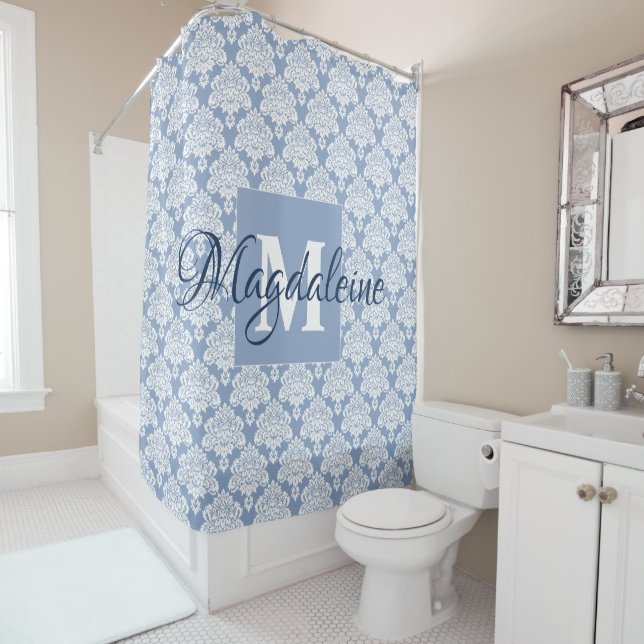 Blue Damask Mit Monogramm Duschvorhang mit Name (Beispiel)