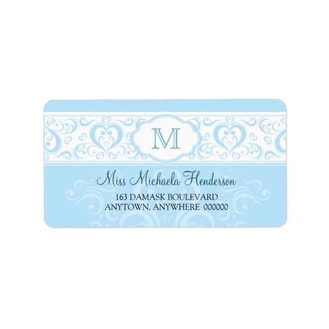 Blue Damask Monogram Address Label Adressaufkleber (Vorne)