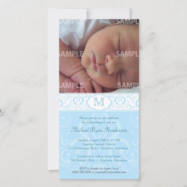 Blue Damask Monogram Baptisc/Christening (Vorderseite)