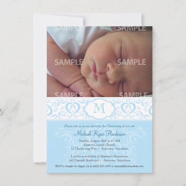 Blue Damask Monogram Baptisc/Christening Einladung (Vorderseite)