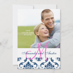 Blue Damask Monogram Foto Hochzeit Einladungen