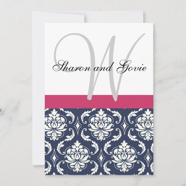 Blue Damask Monogram Names Wedding Einladung (Vorderseite)