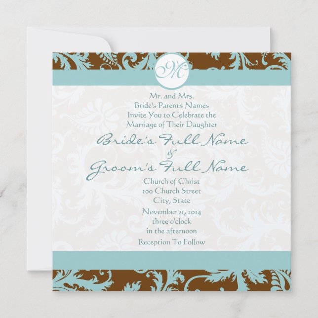 Blue Damask on Brown Wedding Einladung (Vorderseite)