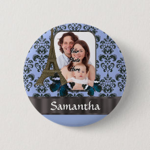 Blue Damask Paris Collage Button