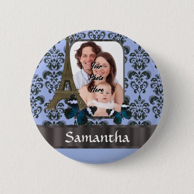 Blue Damask Paris Collage Button (Vorderseite)