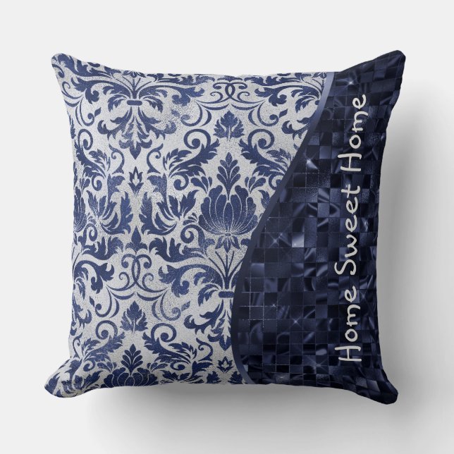 Blue Damask Pattern Glam Glitzer Personalisiert Kissen (Vorderseite)