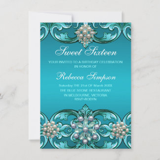 Blue Damask & Pearl Sweet 16 Birthday Einladung