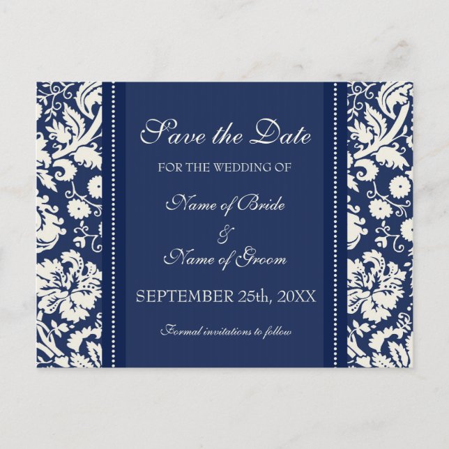 Blue Damask Save the Date Hochzeitskarten Ankündigungspostkarte (Vorderseite)