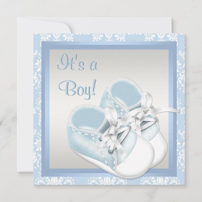 Blue Damask Shoes Blue Damask Baby Boy Dusche Einladung (Vorderseite)