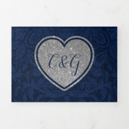 Blue Damask Silver Heart All in One Wedding Dreifach Gefaltete Einladung