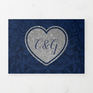 Blue Damask Silver Heart All in One Wedding Dreifach Gefaltete Einladung