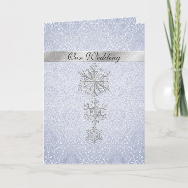Blue Damask & Snowflakes Winterhochzeit Einladung (Vorderseite)