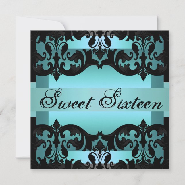 Blue Damask Sweet16 Elegant Birthday Einladung (Vorderseite)