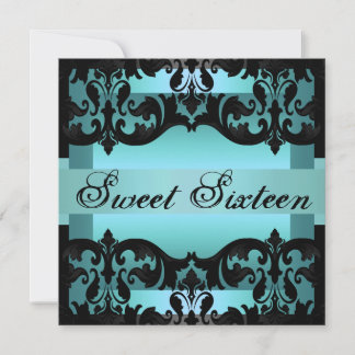 Blue Damask Sweet16 Elegant Birthday Einladung