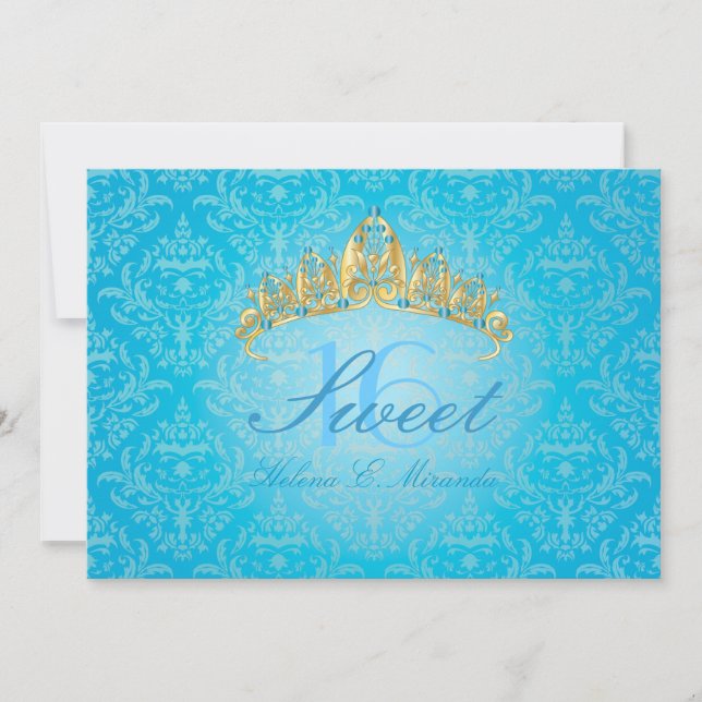 Blue Damask Sweet 16/ invitations tiara/turquoise (Devant)