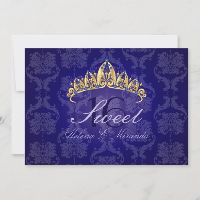 Blue Damask Sweet 16/ tiara/indigo Einladungen (Vorderseite)