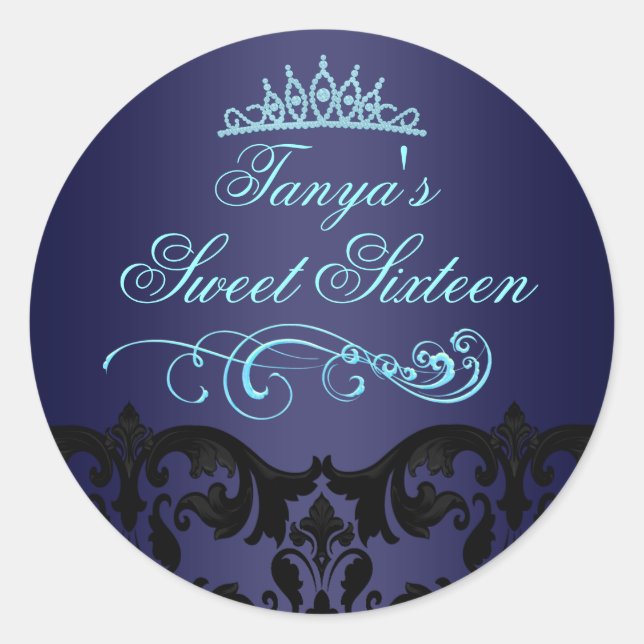 Blue Damask & Swirl Sweet 16 Umschlag Aufkleber/Si Runder Aufkleber (Vorderseite)