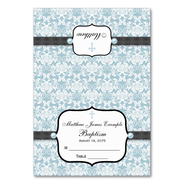 Blue Damask Taufe Christening Confirmation Tischnummer (Vorderseite)