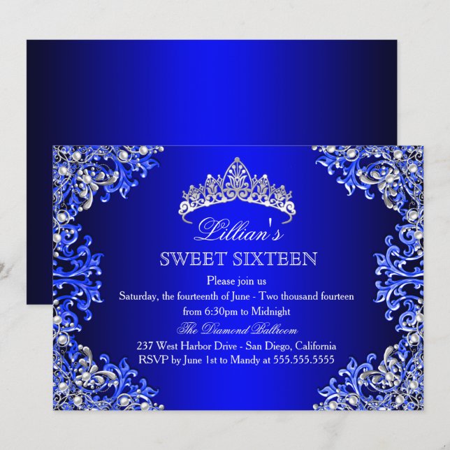 Blue Damask Tiara Sweet 16 Einladung (Vorne/Hinten)