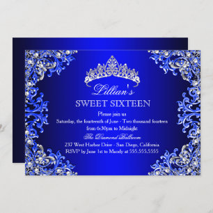 Blue Damask Tiara Sweet 16 Einladung