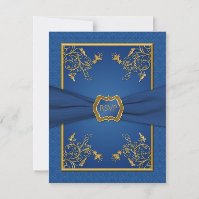 Blue Damask und Gold Floral Repair Card RSVP Karte (Vorderseite)