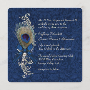 Blue Damask und Peacock Feather Wedding Einladung