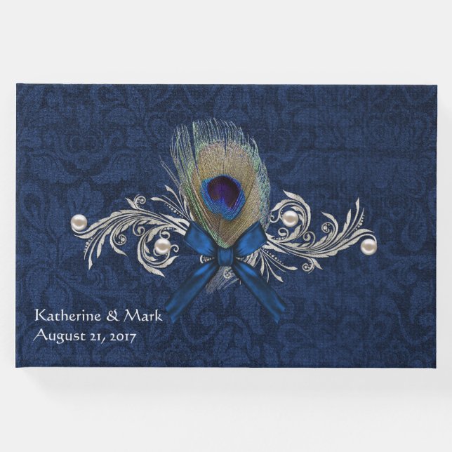 Blue Damask und Peacock Feather Wedding Gästebuch (Vorderseite)