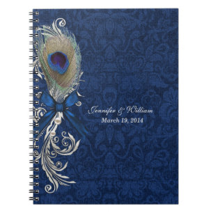 Blue Damask und Peacock Feather Wedding Notebook Notizblock