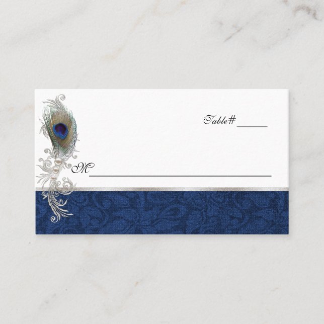Blue Damask und Peacock Feather Wedding Platzkarte (Vorderseite)