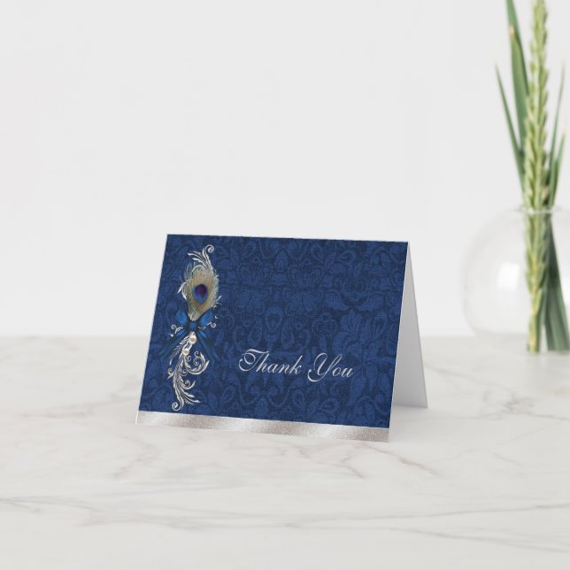 Blue Damask und Peacock Feather Wedding Vielen Dan Dankeskarte (Vorderseite)