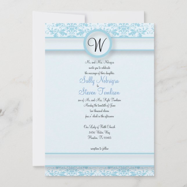 Blue Damask Wedding Einladung (Vorderseite)