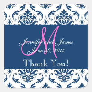Blue Damask Wedding Favor Vielen Dank Quadratischer Aufkleber