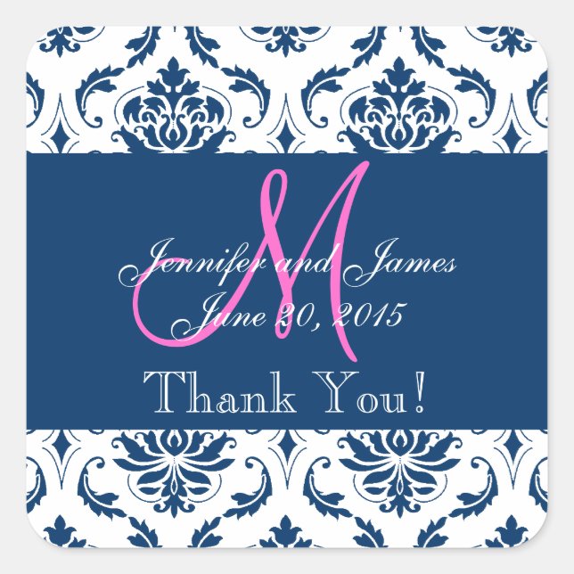 Blue Damask Wedding Favor Vielen Dank Quadratischer Aufkleber (Vorderseite)