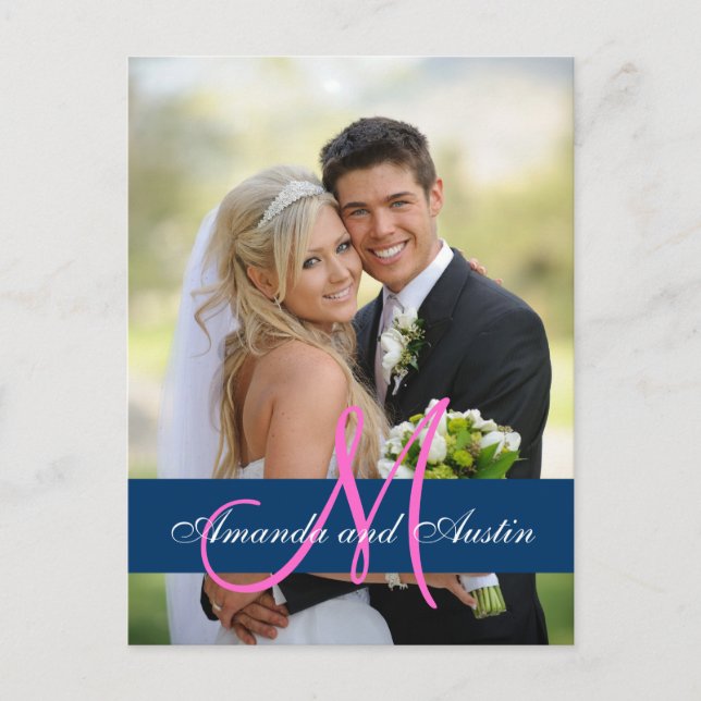 Blue Damask Wedding Foto Danke Postcard Postkarte (Vorderseite)