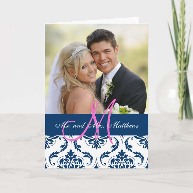 Blue Damask Wedding Foto Dankeschön Card Dankeskarte (Vorderseite)