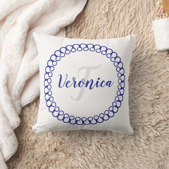 Blue Decorative Circle Personalize Monogram Pillow Kissen (Decke)