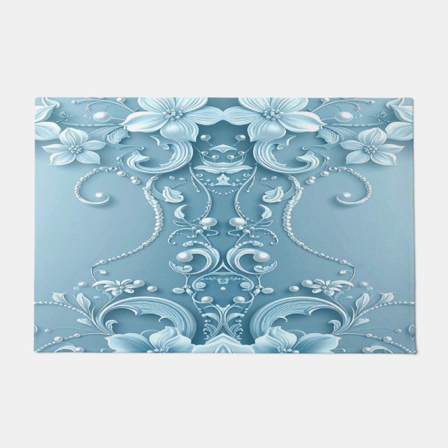 Blue Decorative Floral Doormat Fußmatte (Vorderseite)