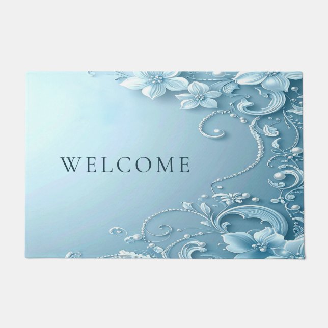 Blue Decorative Floral Doormat Fußmatte (Vorderseite)