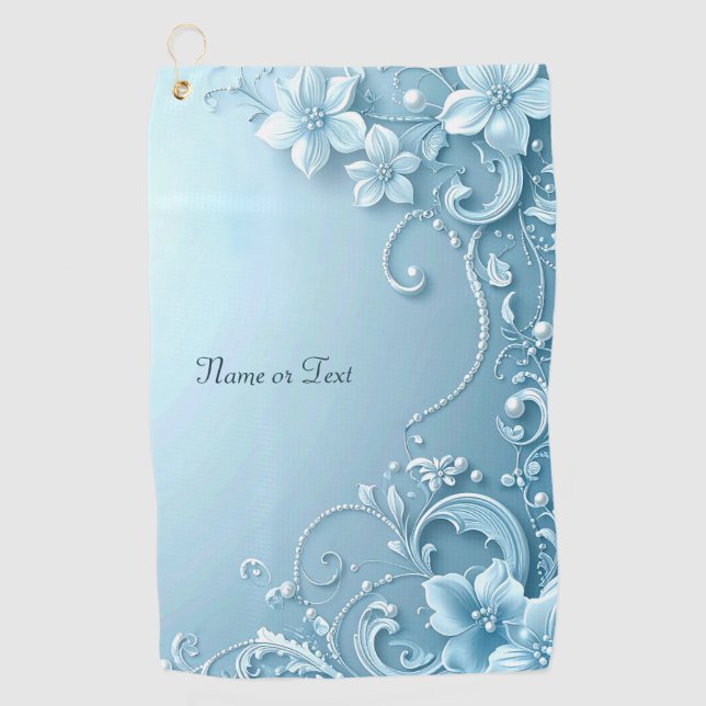 Blue Decorative Floral Golf Towel Golfhandtuch (Vorderseite)
